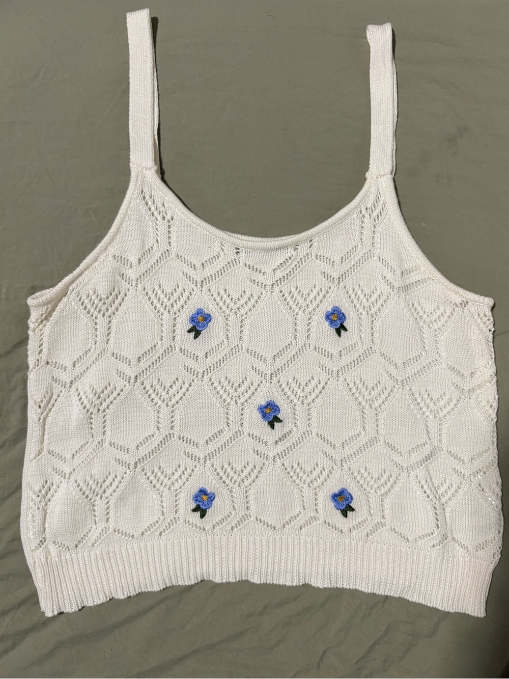 White Floral Knit Camisole with Blue Embroidery